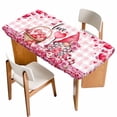thumbnail image 1 of Valentine's Day Table Cloths for 6 Foot Rectangle Tables, Gnomes Love Roses Romantic Pink Plaid Patio Waterproof Elastic Fitted Tablecloths, Washable Rectangular Table Cover for Camping, 1 of 8