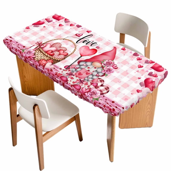 Valentine's Day Table Cloths for 6 Foot Rectangle Tables, Gnomes Love Roses Romantic Pink Plaid Patio Waterproof Elastic Fitted Tablecloths, Washable Rectangular Table Cover for Camping