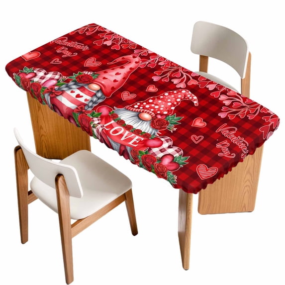 Valentine's Day Table Cloths for 6 Foot Rectangle Tables, Gnomes Romantic Roses Red Plaid Patio Waterproof Elastic Fitted Tablecloths, Washable Rectangular Table Cover for Camping