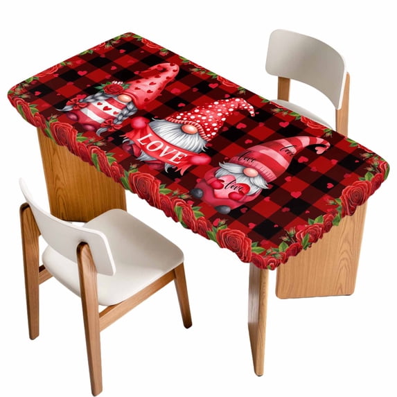 Valentine's Day Table Cloths for 6 Foot Rectangle Tables, Gnomes Roses Love Red Plaid Romance Patio Waterproof Elastic Fitted Tablecloths, Washable Rectangular Table Cover for Camping
