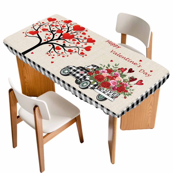 Valentine's Day Table Cloths for 6 Foot Rectangle Tables, Love Heart Roses Black White Plaid Romantic Rustic Patio Waterproof Elastic Fitted Tablecloths, Washable Rectangular Table Cover for Camping