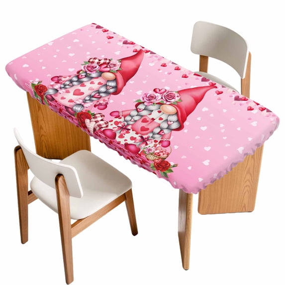 Valentine's Day Table Cloths for 6 Foot Rectangle Tables, Ombre Pink Gnomes Love Roses Romantic Patio Waterproof Elastic Fitted Tablecloths, Washable Rectangular Table Cover for Camping