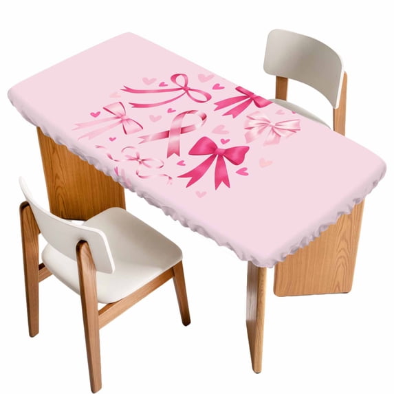 Valentine's Day Table Cloths for 6 Foot Rectangle Tables, Pink Bows Romantic Love Heart Patio Waterproof Elastic Fitted Tablecloths, Washable Rectangular Table Cover for Camping