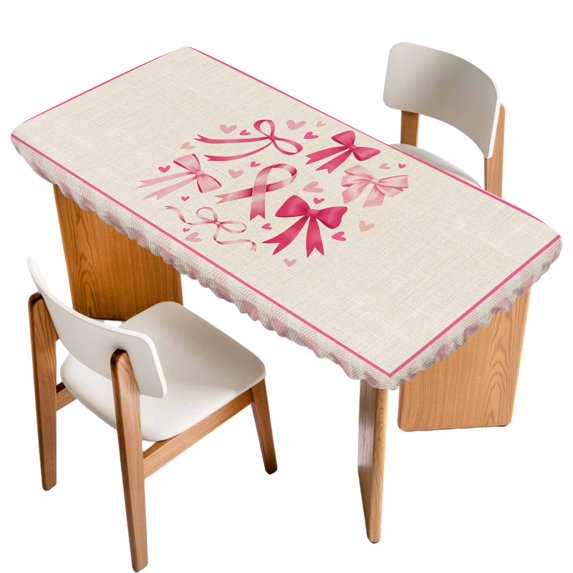 Valentine's Day Table Cloths for 6 Foot Rectangle Tables, Pink Bows Romantic Love Heart Vintage Plaid Patio Waterproof Elastic Fitted Tablecloths, Washable Rectangular Table Cover for Camping