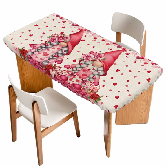 Valentine's Day Table Cloths for 6 Foot Rectangle Tables, Pink Gnomes Love Roses Romantic Beige Patio Waterproof Elastic Fitted Tablecloths, Washable Rectangular Table Cover for Camping