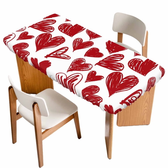 Valentine's Day Table Cloths for 6 Foot Rectangle Tables, Red Heart Love Modern Minimalist Patio Waterproof Elastic Fitted Tablecloths, Washable Rectangular Table Cover for Camping