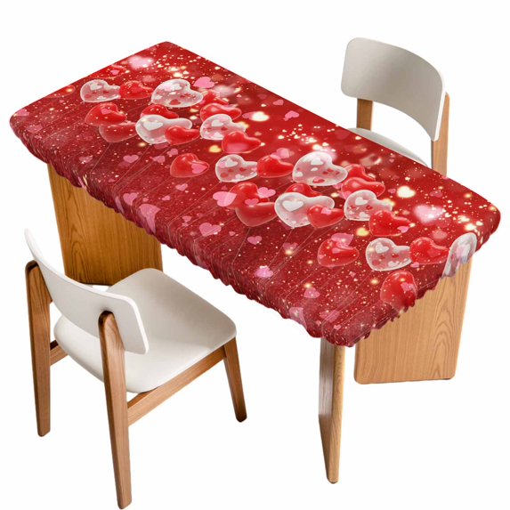 Valentine's Day Table Cloths for 6 Foot Rectangle Tables, Red Love Heart Balloons Fantasy Watercolor Patio Waterproof Elastic Fitted Tablecloths, Washable Rectangular Table Cover for Camping