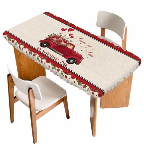 Valentine's Day Table Cloths for 6 Foot Rectangle Tables, Red Truck Love Heart Roses Romantic Rustic Patio Waterproof Elastic Fitted Tablecloths, Washable Rectangular Table Cover for Camping