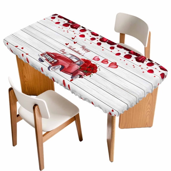 Valentine's Day Table Cloths for 6 Foot Rectangle Tables, Red Truck Roses Romantic Love Heart Rustic Wood Patio Waterproof Elastic Fitted Tablecloths, Washable Rectangular Table Cover for Camping