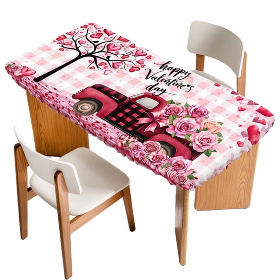 Valentine's Day Table Cloths for 6 Foot Rectangle Tables, Romantic Love Tree Truck Roses Pink Plaid Patio Waterproof Elastic Fitted Tablecloths, Washable Rectangular Table Cover for Camping