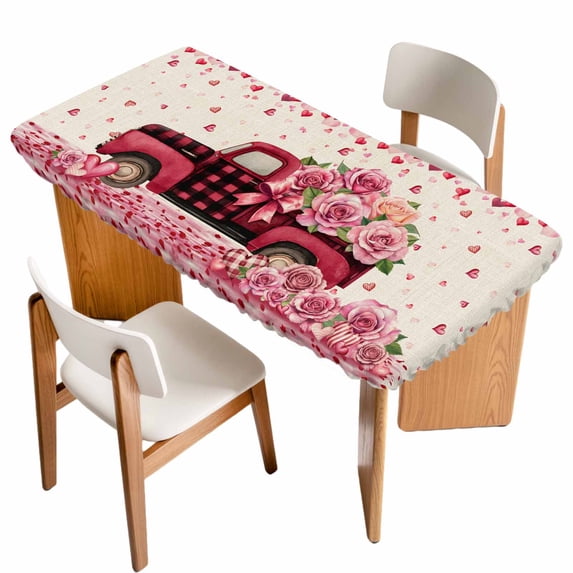 Valentine's Day Table Cloths for 6 Foot Rectangle Tables, Romantic Love Truck Roses Plaid Beige Patio Waterproof Elastic Fitted Tablecloths, Washable Rectangular Table Cover for Camping