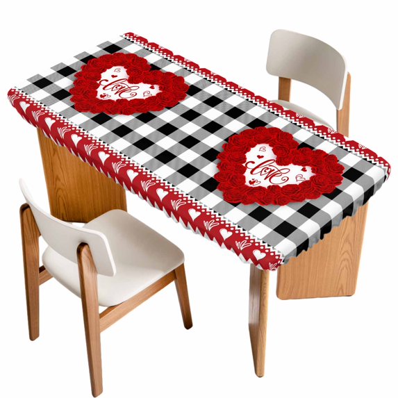 Valentine's Day Table Cloths for 6 Foot Rectangle Tables, Romantic Roses Love Heart Plaid Farmhouse Patio Waterproof Elastic Fitted Tablecloths, Washable Rectangular Table Cover for Camping