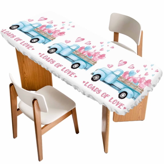 Valentine's Day Table Cloths for 8 Foot Rectangle Tables, Blue Truck Loads of Love Romantic Patio Waterproof Elastic Fitted Tablecloths, Washable Rectangular Table Cover for Camping