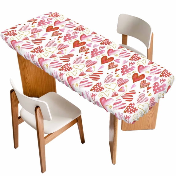 Valentine's Day Table Cloths for 8 Foot Rectangle Tables, Colorful Heart Love Modern Minimalist Patio Waterproof Elastic Fitted Tablecloths, Washable Rectangular Table Cover for Camping