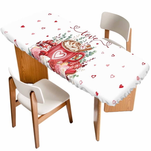 Valentine's Day Table Cloths for 8 Foot Rectangle Tables, Eucalyptus Leaves Coffee Gifts Patio Waterproof Elastic Fitted Tablecloths, Washable Rectangular Table Cover for Camping