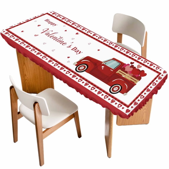 Valentine's Day Table Cloths for 8 Foot Rectangle Tables, Love Heart Truck Modern Art Patio Waterproof Elastic Fitted Tablecloths, Washable Rectangular Table Cover for Camping