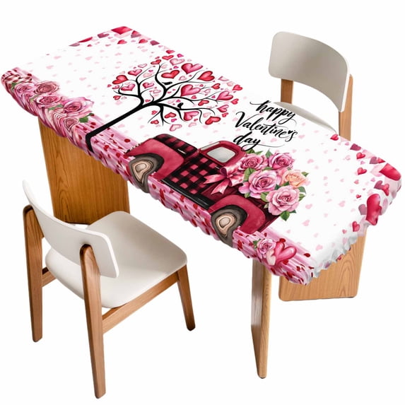 Valentine's Day Table Cloths for 8 Foot Rectangle Tables, Love Tree Branch Truck Roses Romantic Patio Waterproof Elastic Fitted Tablecloths, Washable Rectangular Table Cover for Camping