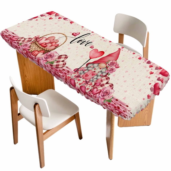 Valentine's Day Table Cloths for 8 Foot Rectangle Tables, Pink Gnomes Love Roses Sweet Beige Patio Waterproof Elastic Fitted Tablecloths, Washable Rectangular Table Cover for Camping