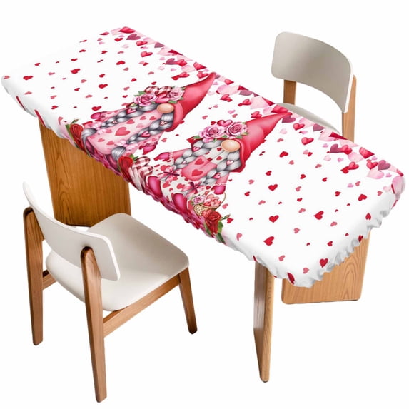 Valentine's Day Table Cloths for 8 Foot Rectangle Tables, Pink Love Gnomes Roses Romantic White Patio Waterproof Elastic Fitted Tablecloths, Washable Rectangular Table Cover for Camping