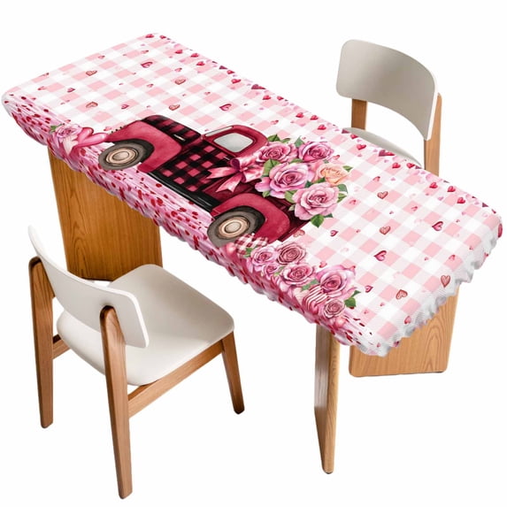 Valentine's Day Table Cloths for 8 Foot Rectangle Tables, Pink Romantic Truck Love Roses Red Plaid Patio Waterproof Elastic Fitted Tablecloths, Washable Rectangular Table Cover for Camping