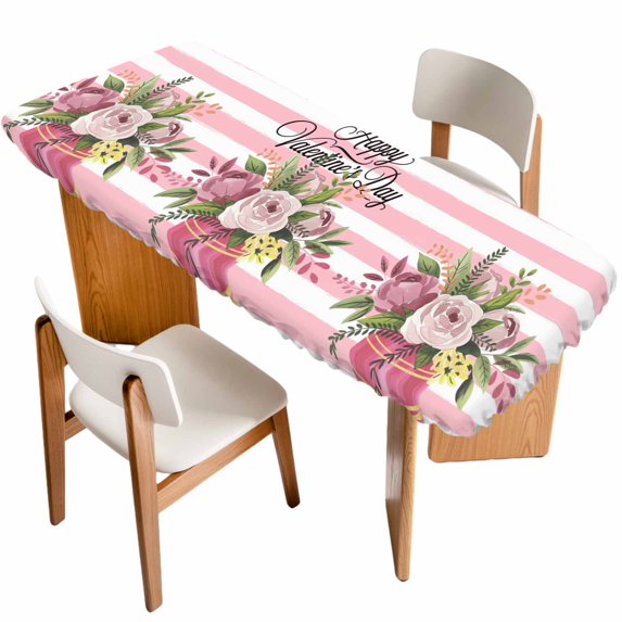 Valentine's Day Table Cloths for 8 Foot Rectangle Tables, Pink Roses Flowers Stripes Country Patio Waterproof Elastic Fitted Tablecloths, Washable Rectangular Table Cover for Camping