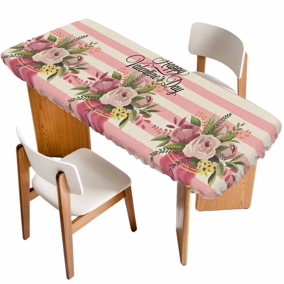 Valentine's Day Table Cloths for 8 Foot Rectangle Tables, Pink Roses Flowers Stripes Rustic Beige Patio Waterproof Elastic Fitted Tablecloths, Washable Rectangular Table Cover for Camping