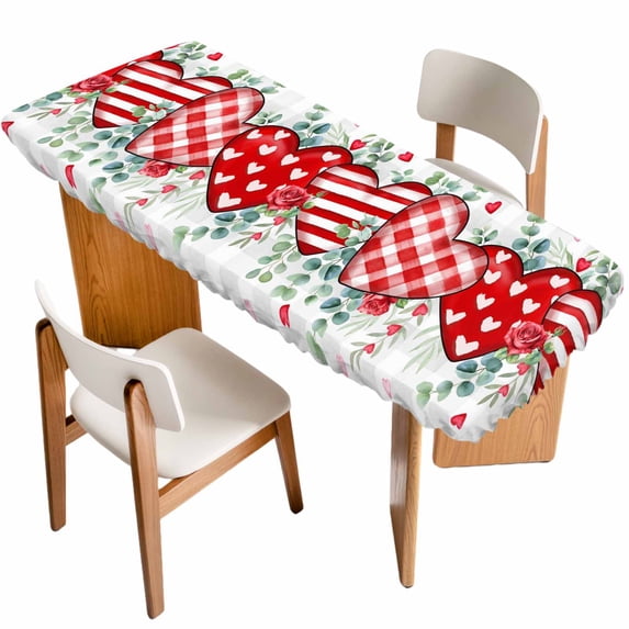 Valentine's Day Table Cloths for 8 Foot Rectangle Tables, Red Love Heart Eucalyptus Grey Check Patio Waterproof Elastic Fitted Tablecloths, Washable Rectangular Table Cover for Camping