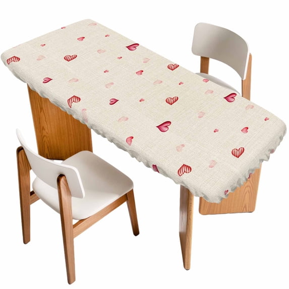 Valentine's Day Table Cloths for 8 Foot Rectangle Tables, Red Love Heart Romantic Beige Burlap Patio Waterproof Elastic Fitted Tablecloths, Washable Rectangular Table Cover for Camping