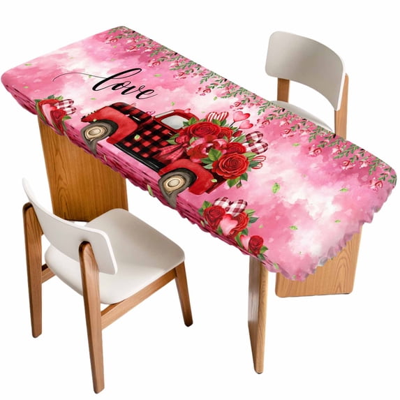 Valentine's Day Table Cloths for 8 Foot Rectangle Tables, Red Plaid Truck Love Roses Leaves Pink Patio Waterproof Elastic Fitted Tablecloths, Washable Rectangular Table Cover for Camping
