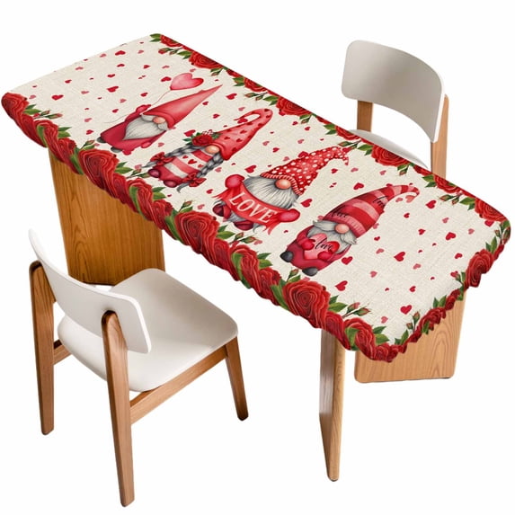Valentine's Day Table Cloths for 8 Foot Rectangle Tables, Red Roses Gnomes Romance Love Beige Patio Waterproof Elastic Fitted Tablecloths, Washable Rectangular Table Cover for Camping