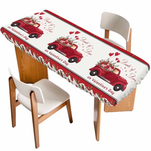 Valentine's Day Table Cloths for 8 Foot Rectangle Tables, Red Truck Love Heart Roses Romantic Floral Patio Waterproof Elastic Fitted Tablecloths, Washable Rectangular Table Cover for Camping