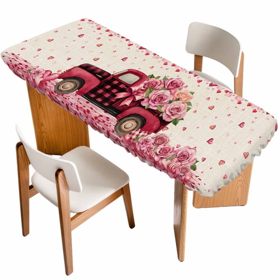 Valentine's Day Table Cloths for 8 Foot Rectangle Tables, Romantic Love Truck Roses Plaid Beige Patio Waterproof Elastic Fitted Tablecloths, Washable Rectangular Table Cover for Camping