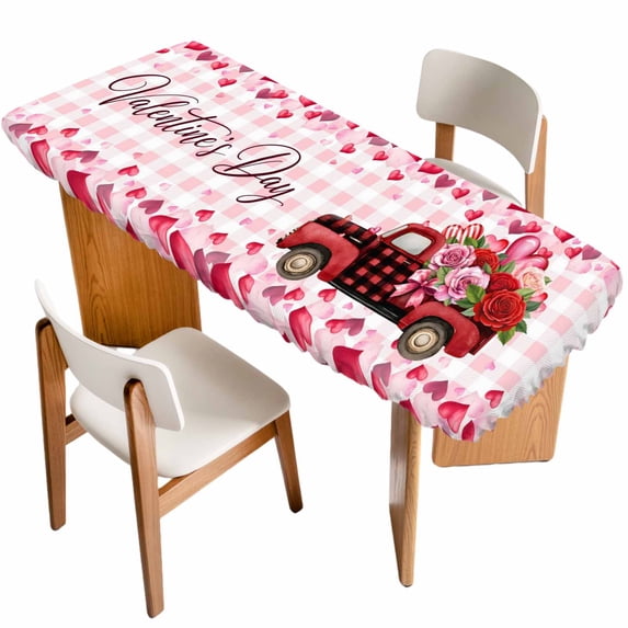 Valentine's Day Table Cloths for 8 Foot Rectangle Tables, Roses Car Love Hearts Romantic Pink Plaid Patio Waterproof Elastic Fitted Tablecloths, Washable Rectangular Table Cover for Camping