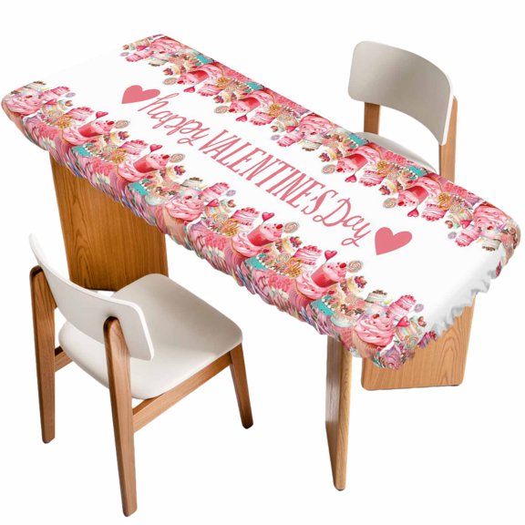 Valentine's Day Table Cloths for 8 Foot Rectangle Tables, Spring Watercolor Cake Pink Red Patio Waterproof Elastic Fitted Tablecloths, Washable Rectangular Table Cover for Camping