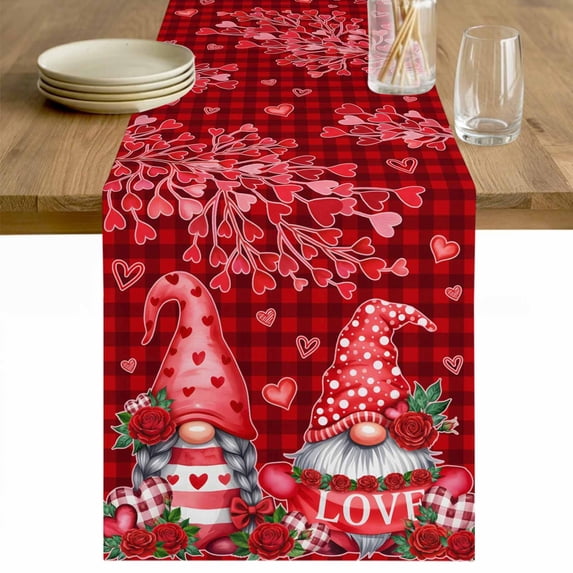 Valentine's Day Table Runner - 108 Inch Long Gnomes Romantic Roses Red Plaid Cotton and Linen Blended Dress Scarves Farmhouse Table Runner for Kitchen Dining, Coffee Table, 13" x 108"