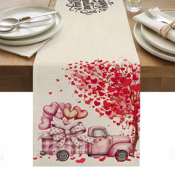 Valentine's Day Table Runner - 108 Inch Long, Kitchen Dining Table Runner Dresser Scarves, Love Tree Trucks Balloons Beige Romantic Farmhouse Decor for Coffee Tables Wedding Party Banquet