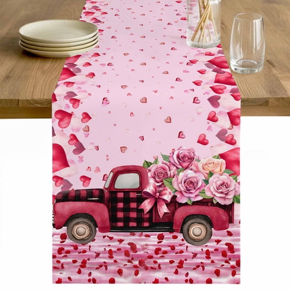 Valentine's Day Table Runner - 108 Inch Long Romantic Love Roses Truck Ombre Pink Cotton and Linen Blended Dress Scarves Farmhouse Table Runner for Kitchen Dining, Coffee Table, 13" x 108"