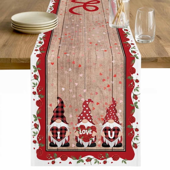 Valentine's Day Table Runner 108 Inches Long Farmhouse Dress Scarves, Love Heart Romantic Roses Gnomes Wooden Dining Tablerunner for Coffee Table/Kitchen Island/Party Décor, 13" x 108"
