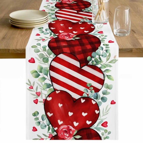 Valentine's Day Table Runner 108 Inches Long Farmhouse Dress Scarves, Red Strip Plaid Love Eucalyptus Watercolor Dining Tablerunner for Coffee Table/Kitchen Island/Party Décor, 13" x 108"