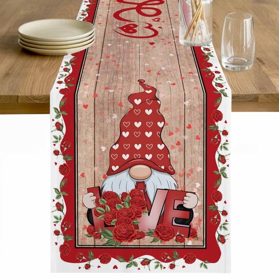 Valentine's Day Table Runner 108 Inches Long Farmhouse Dress Scarves, Romantic Roses Love Heart Gnomes Wooden Dining Tablerunner for Coffee Table/Kitchen Island/Party Décor, 13" x 108"