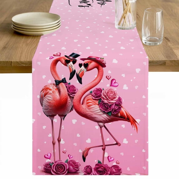 Valentine's Day Table Runner - 120 Inch Long Flamingos Roses Love Romance Ombre Pink Cotton and Linen Blended Dress Scarves Farmhouse Table Runner for Kitchen Dining, Coffee Table, 13" x 120"