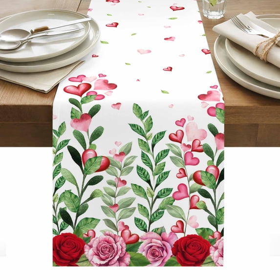 Valentine's Day Table Runner - 120 Inch Long, Kitchen Dining Table Runner Dresser Scarves, Pink Red Roses Love Heart Eucalyptus Leaves Farmhouse Decor for Coffee Tables Wedding Party Banquet