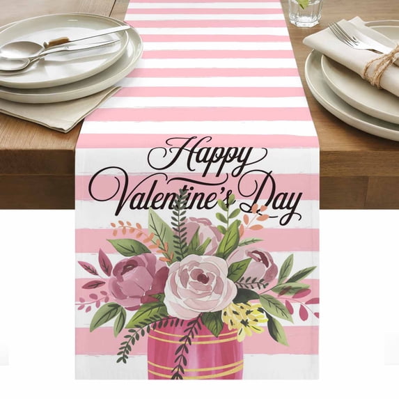 Valentine's Day Table Runner - 120 Inch Long, Kitchen Dining Table Runner Dresser Scarves, Pink Roses Flowers Stripes Country Farmhouse Decor for Coffee Tables Wedding Party Banquet