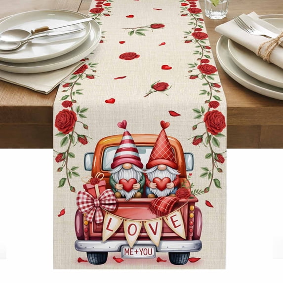 Valentine's Day Table Runner - 120 Inch Long, Kitchen Dining Table Runner Dresser Scarves, Red Roses Love Heart Gnomes Truck Rustic Farmhouse Decor for Coffee Tables Wedding Party Banquet