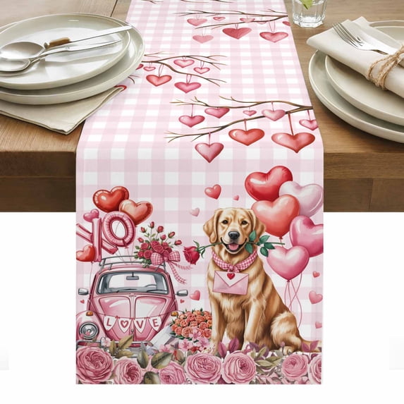 Valentine's Day Table Runner - 120 Inch Long, Kitchen Dining Table Runner Dresser Scarves, Watercolor Love Roses Dog Truck Pink Plaid Farmhouse Decor for Coffee Tables Wedding Party Banquet