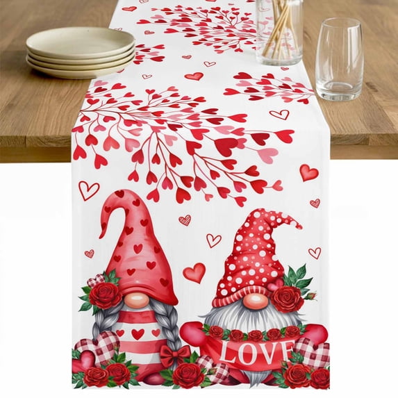 Valentine's Day Table Runner - 120 Inch Long Red Gnomes Love Roses Romantic White Cotton and Linen Blended Dress Scarves Farmhouse Table Runner for Kitchen Dining, Coffee Table, 13" x 120"