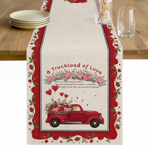 Valentine's Day Table Runner 120 Inches Long Farmhouse Dress Scarves, Red Truck Love Heart Roses Romantic Rustic Dining Tablerunner for Coffee Table/Kitchen Island/Party Décor, 13" x 120"
