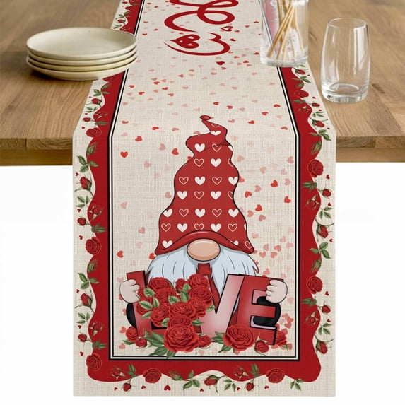 Valentine's Day Table Runner 120 Inches Long Farmhouse Dress Scarves, Romantic Roses Love Heart Gnomes Rustic Dining Tablerunner for Coffee Table/Kitchen Island/Party Décor, 13" x 120"
