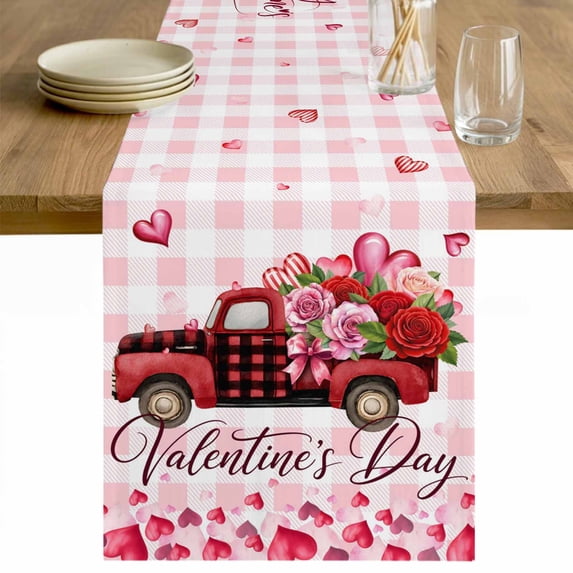 Valentine's Day Table Runner 120 Inches Long Farmhouse Dress Scarves, Roses Car Love Hearts Romantic Pink Plaid Dining Tablerunner for Coffee Table/Kitchen Island/Party Décor, 13" x 120"