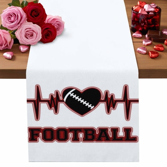 Valentine's Day Table Runner 13 x 36 Inch, Abstract Black Red Love Heart Heartbeat Football Washable Cotton Linen Dining Table Runner Tabletop Decorations for Restaurant Home Kitchen Party
